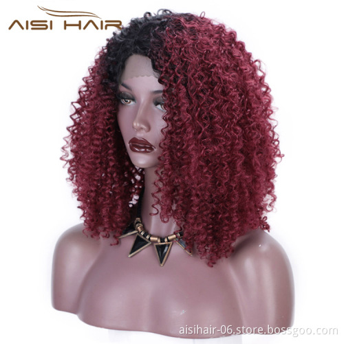 Aisi Hair Medium Long Afro Kinky Curly Wig Ombre Red Dark Root Lace Frontal Wig Synthetic Lace Front Hair Wigs For Black Women